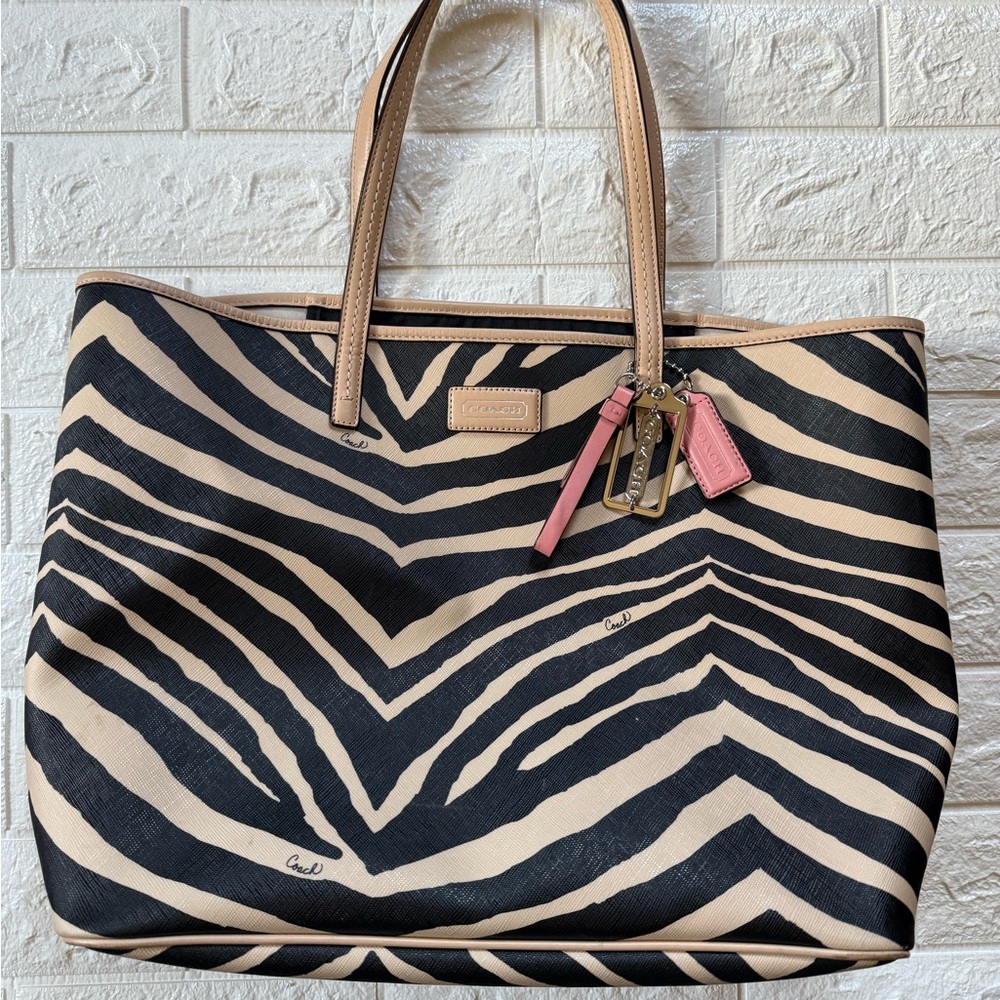 Coach Zebra Print Tote Bag - Black and Tan